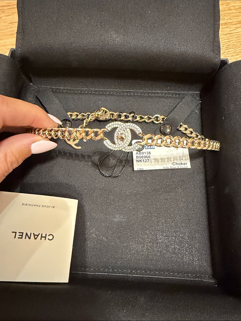 CHANEL Gold Crystal CC Chain Choker with Interwoven Leather